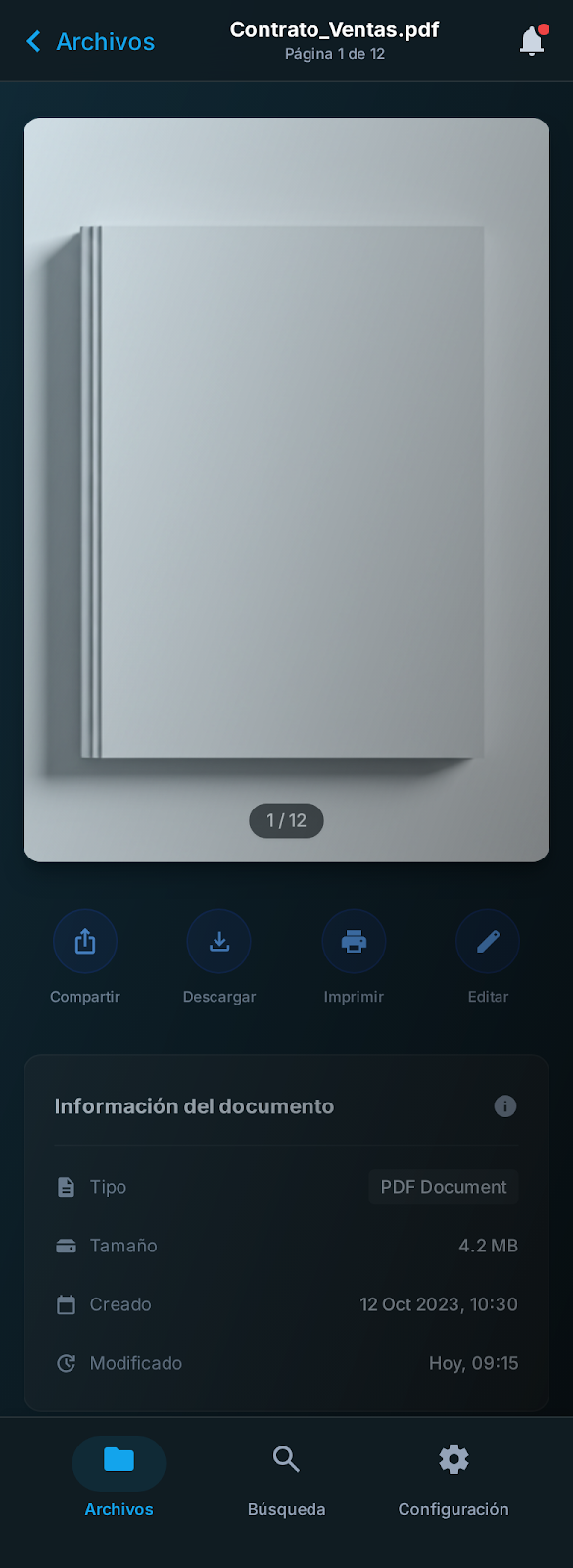 Pantalla de visor PDF - Modo oscuro
